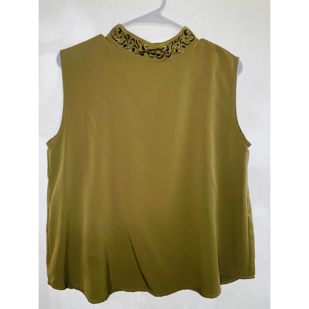 Vintage Che Studio Tank Top Green Olive Blouse Women's Medium Collar Button Back